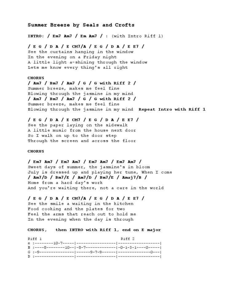 Seals And Crofts Summer Breeze Chords