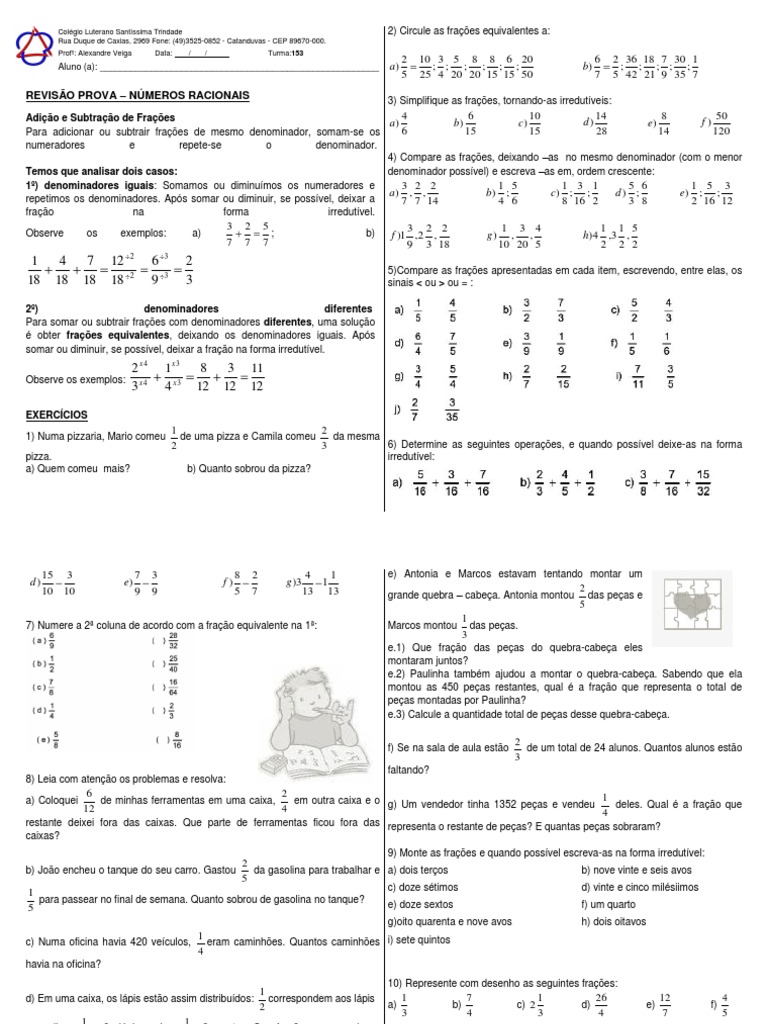 Exercícios 6 º ano-Matemática-Frações, PDF, Fração (Matemática)