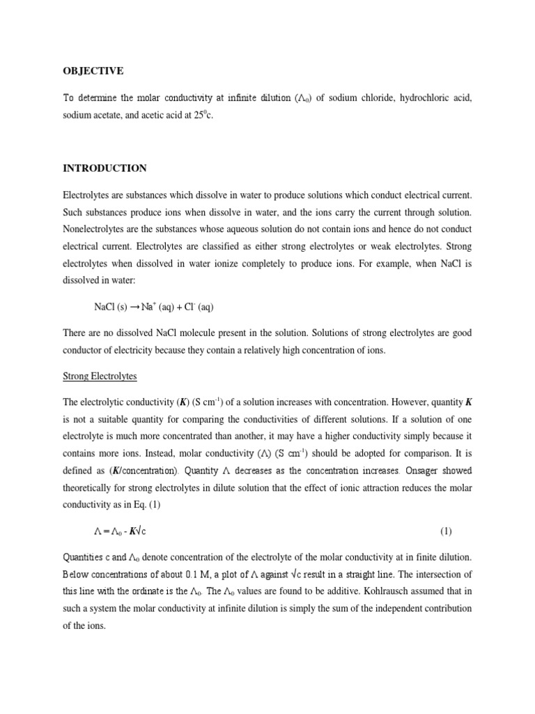 MOLAR CONDUCTIVITY AT INFINITE DILUTION OF ELECTROLYTES LAB REPORT