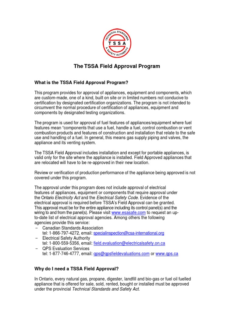 TSSA Field Approval Information July 29, 2011 PDF Download Free PDF