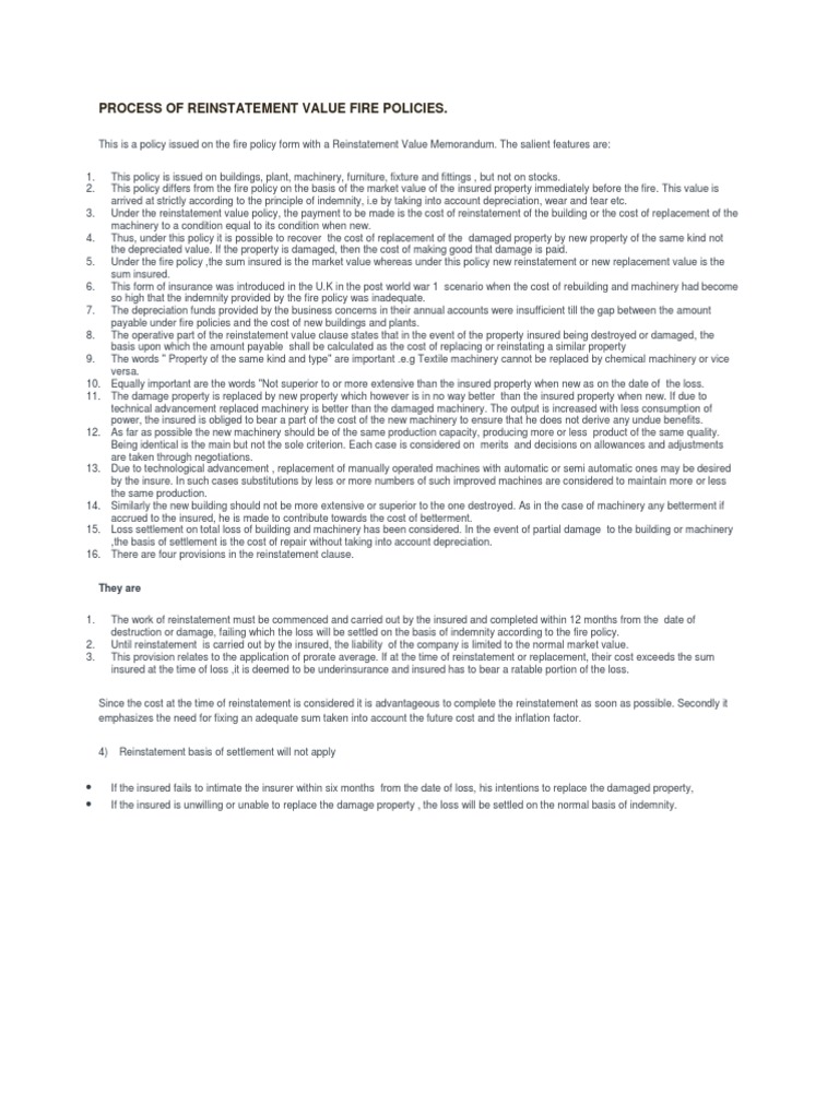 Process of Reinstatement Value Fire Policies | PDF | Indemnity | Insurance