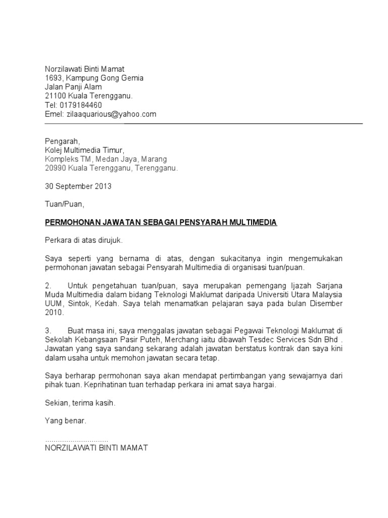 Surat Mintak Kerja Kolej Multimedia Pdf