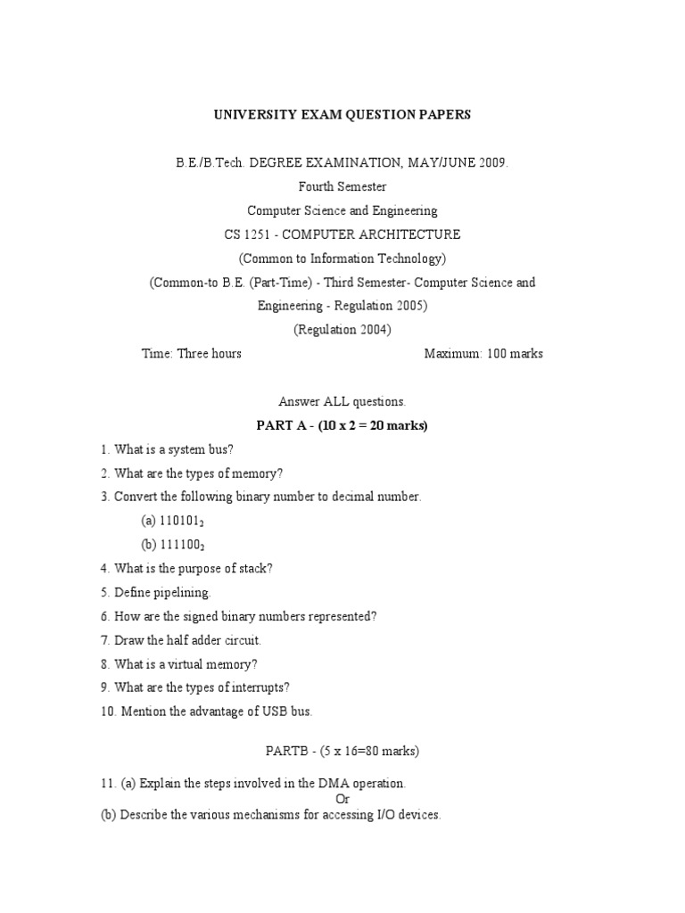 Computer Architecture Exam Question Papers | PDF | Instruction Set ...