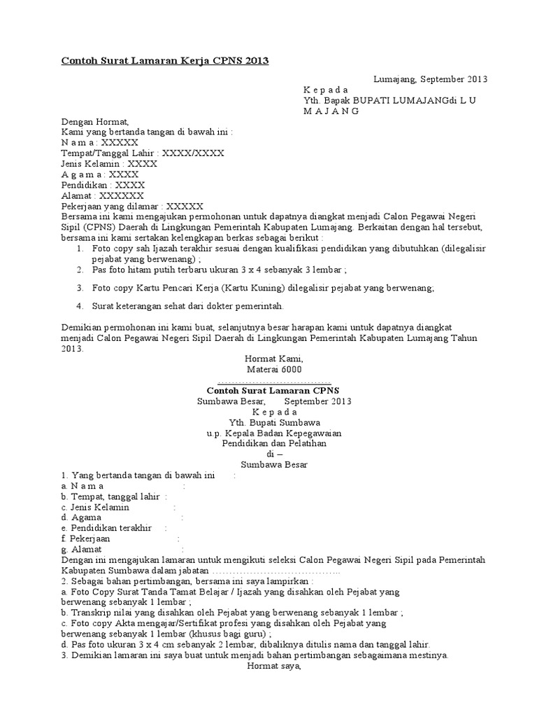 Contoh Surat Lamaran Pekerjaan Cpns Contoh Resource