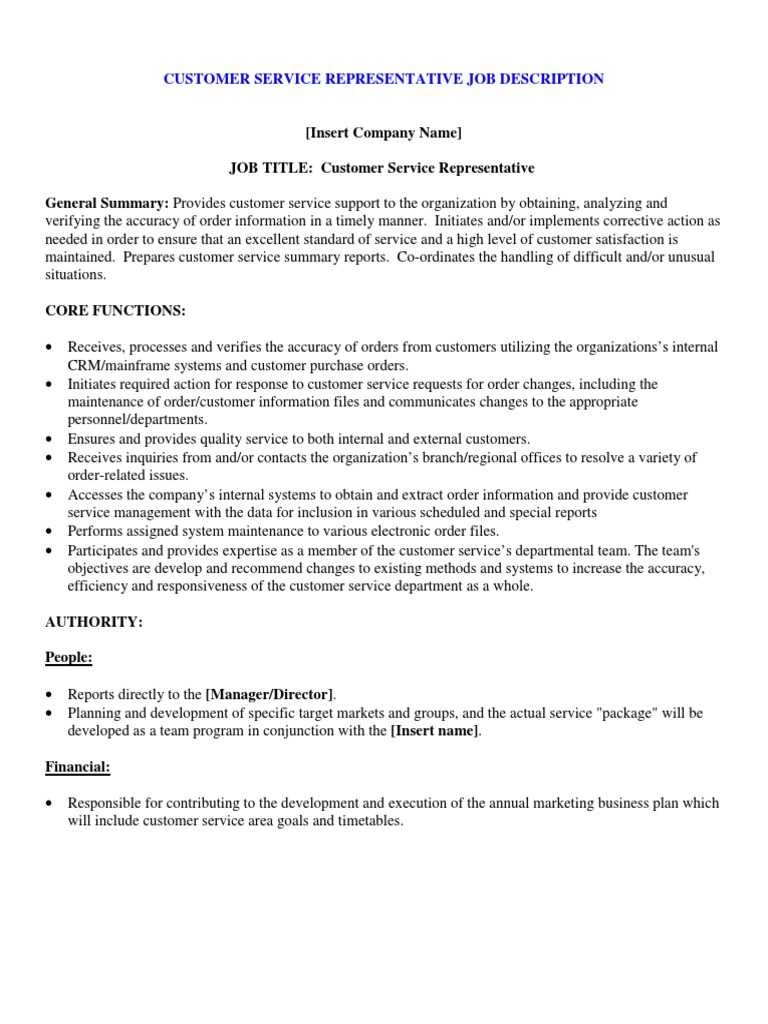 Sample Customer Service Job Description.pdf | Customer ...