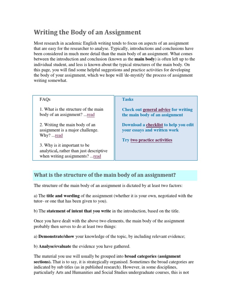 Writing The Body of An Assignment PDF Essays Theory