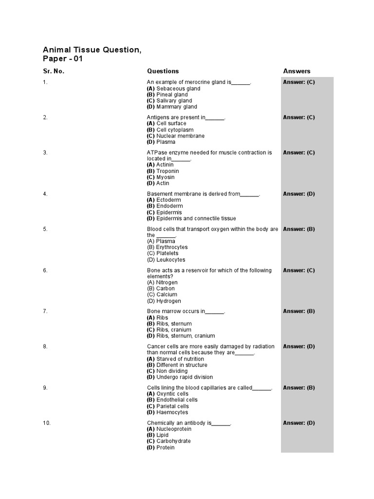 Animal Tissue Questions and Answers PDF Epithelium Tissue (Biology)