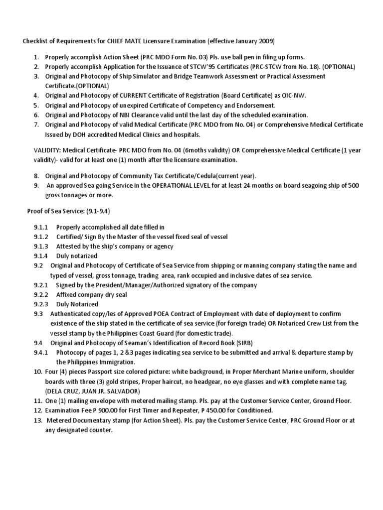 Chief Mate Exam Requirements Checklist | PDF | Envelope | Postage Stamp