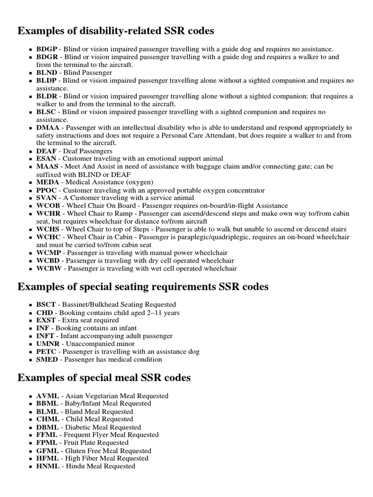 Special Service Request Codes PDF | PDF | Wheelchair | Visual Impairment