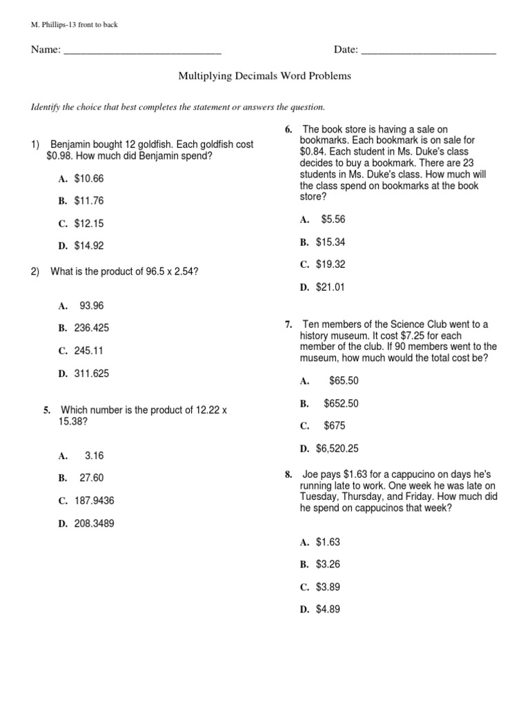 Multiplying Decimals Practice | PDF