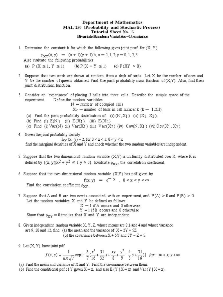 Tutsheet 5 Bivariate Random Variables Pdf