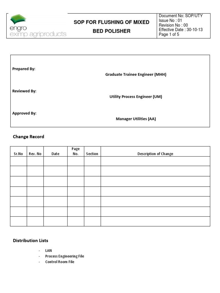 SOP For Flushing of Mixed Bed Polisher PDF Process Engineering Pump