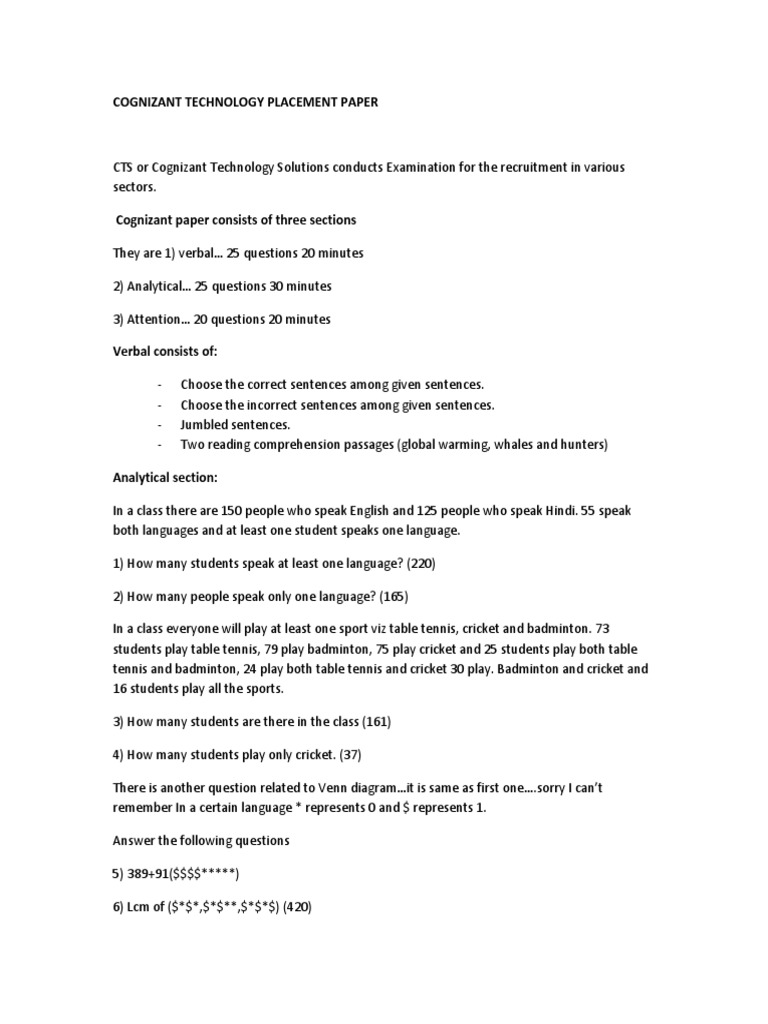 Cognizant Technology Solutions Placement Exam Guide | PDF | Sports