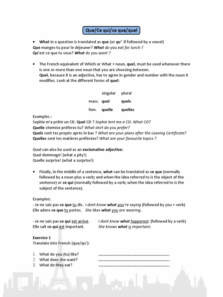 14 Pronom Que Quel Ce Qui French Conjugation Noun