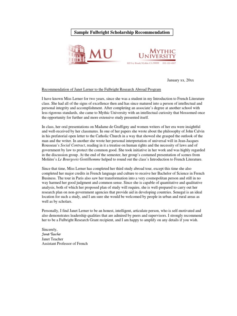 Sample Fulbright Scholarship Recommendation: Janet Teacher | PDF