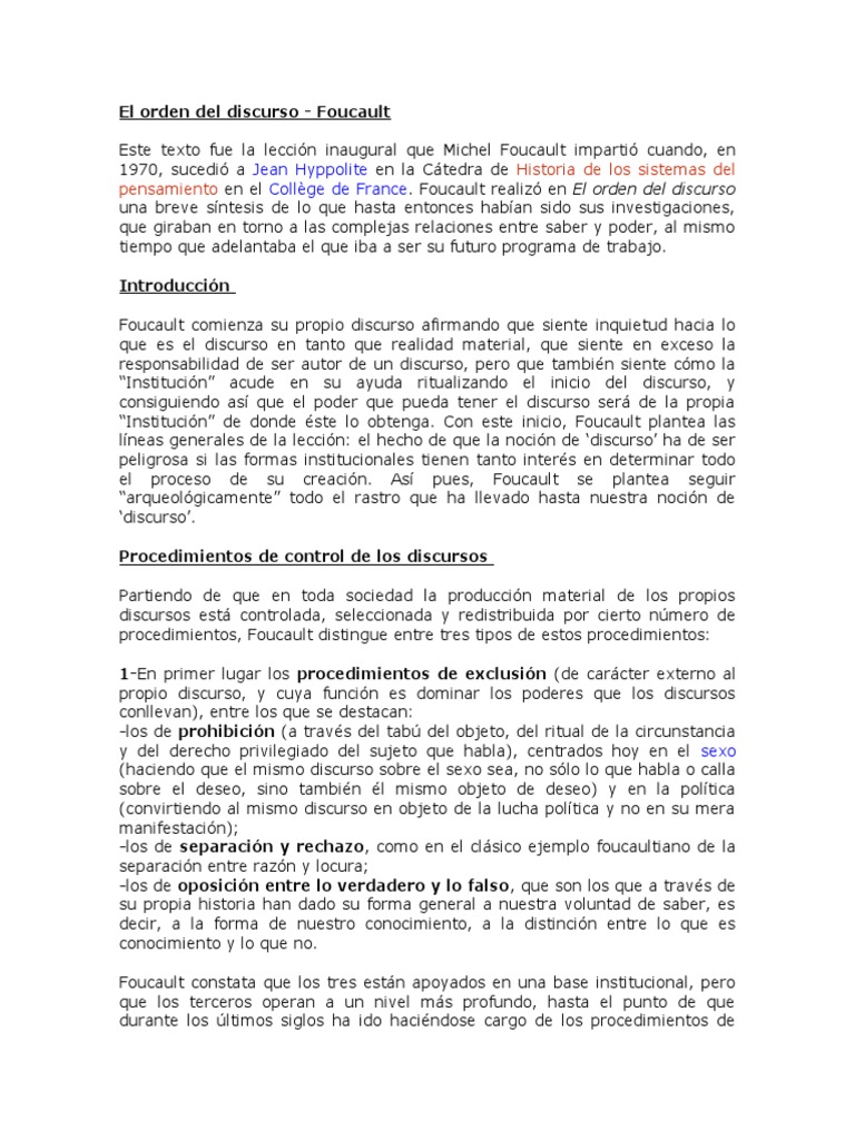 El Orden Del Discurso Foucault PDF Michel Foucault Autor