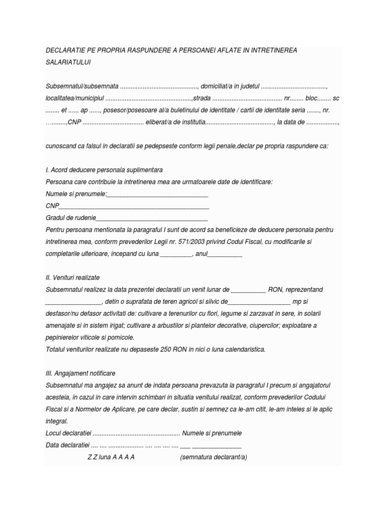 Declaratie Pe Propria Raspundere A Persoanei Aflate In Intretinerea Salariatului Docx