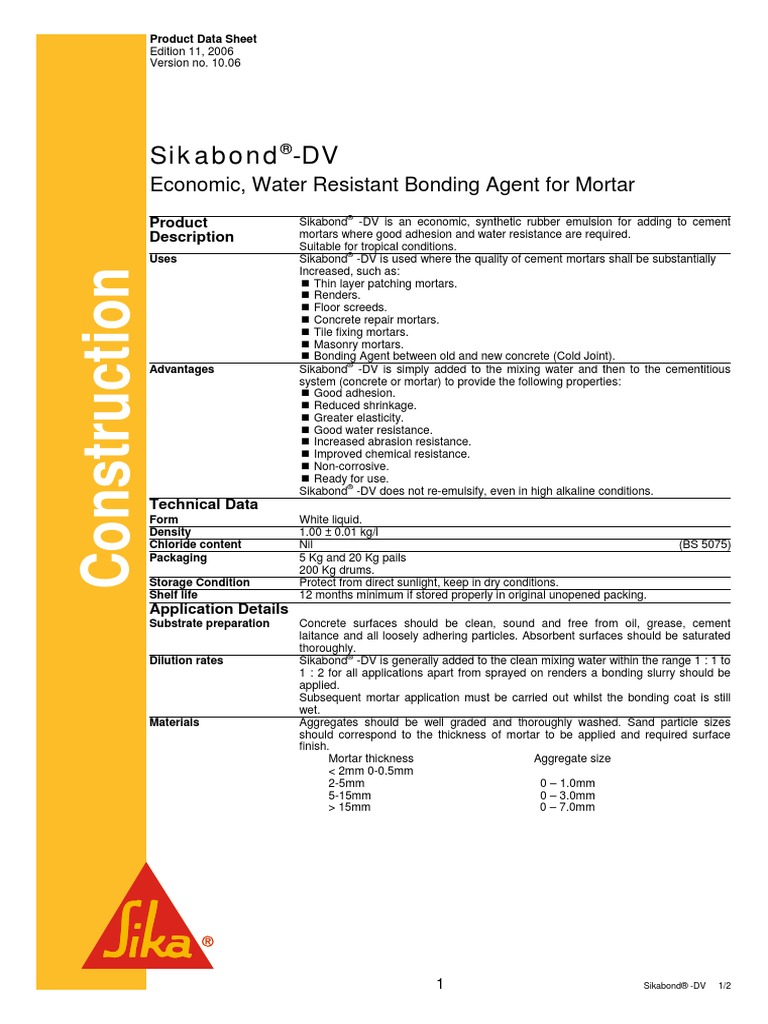 Sika Bond DV PDF Mortar (Masonry) Concrete