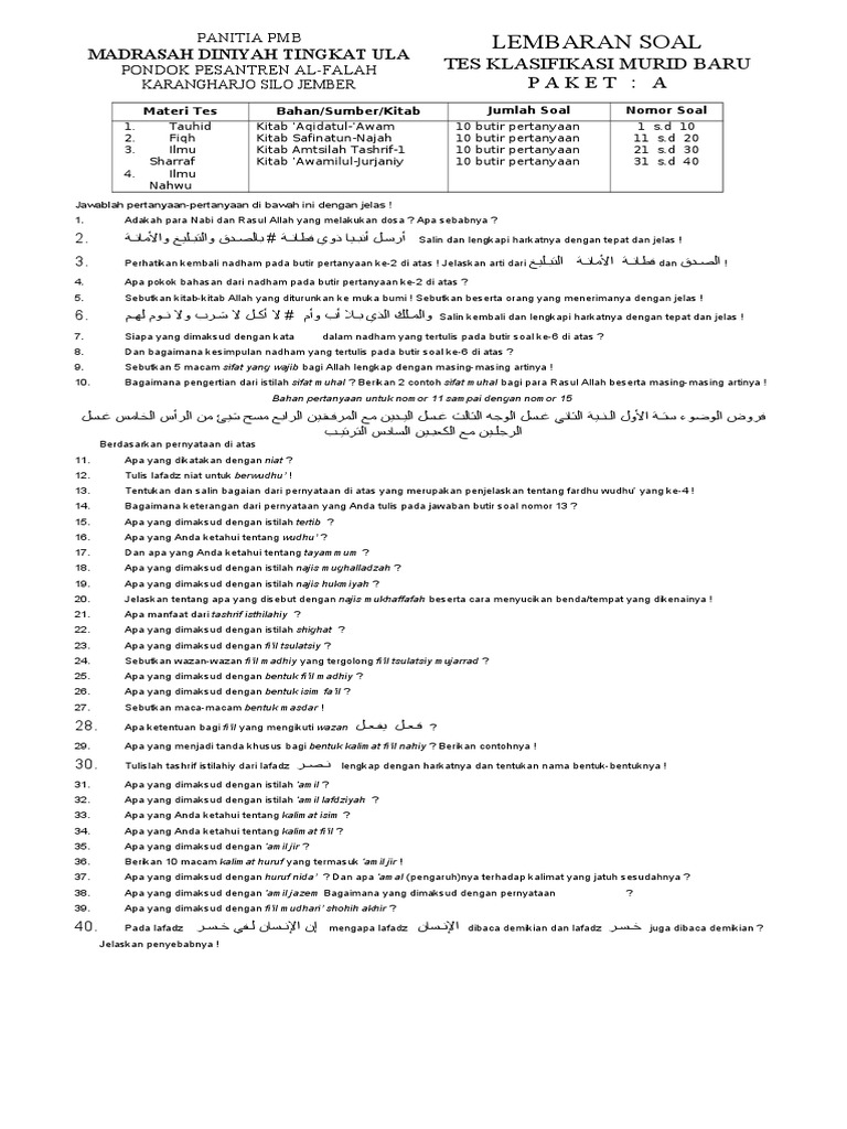 Soal Tes Murid Madin Baru Doc