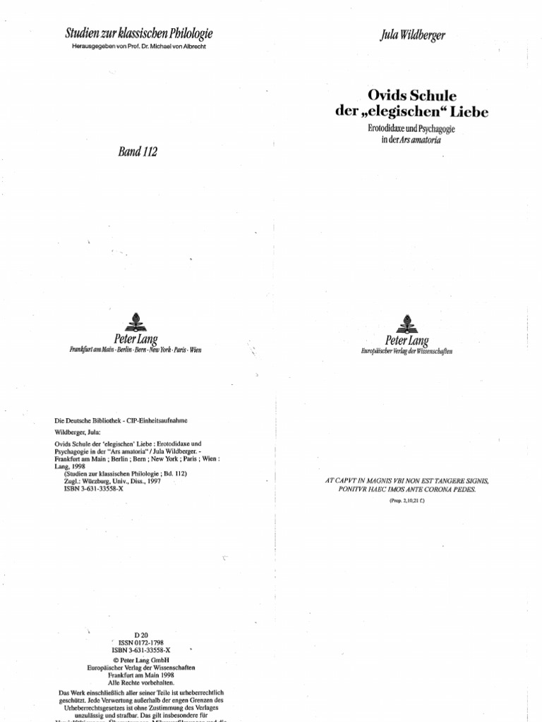 Jula Wildberger Ovids Schule der elegischen Liebe Erotodidaxe und Psychagogie 1998