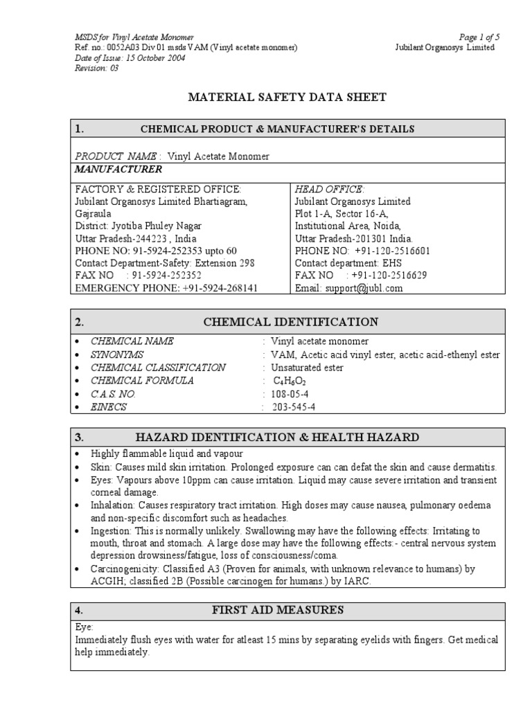 Msds VAM (Vinyl Acetate Monomer) PDF Acetic Acid Explosive Material