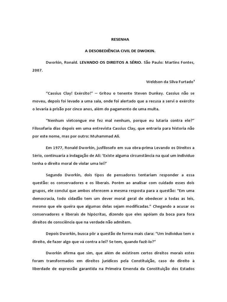 Resenha Levando Os Direitos a Serio | Lei Estatutária | Desobediência Civil