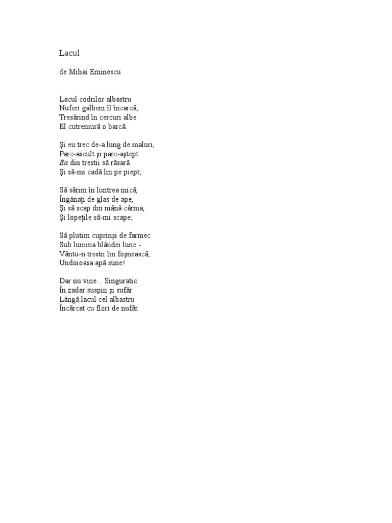 Poezia Lacul De Mihai Eminescu Lacul, de Mihai Eminescu