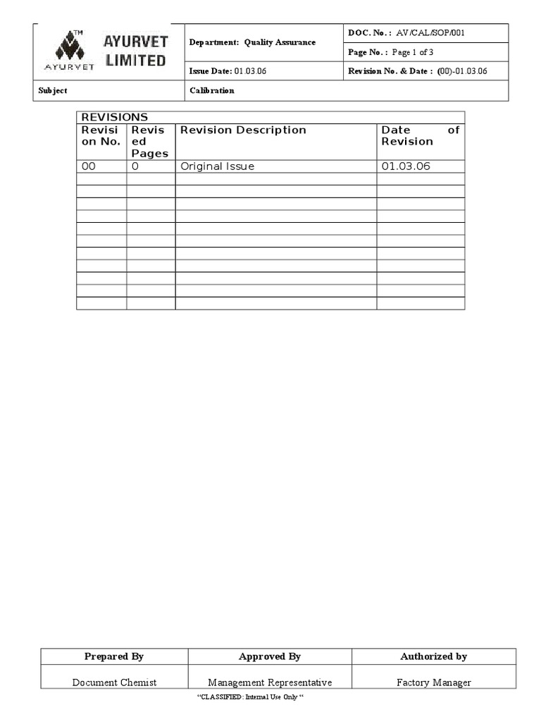 AV CAL SOP 001 Calibration PDF Measuring Instrument Calibration