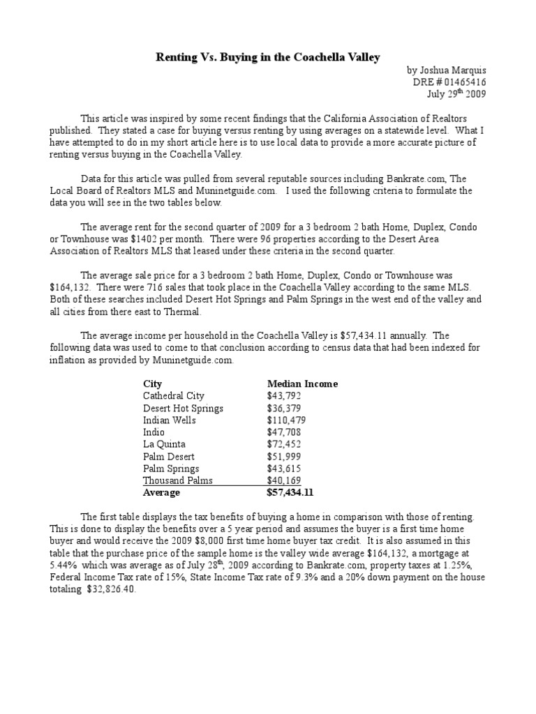 Renting vs. Buying in The Coachella Valley PDF Tax In The United States Taxes