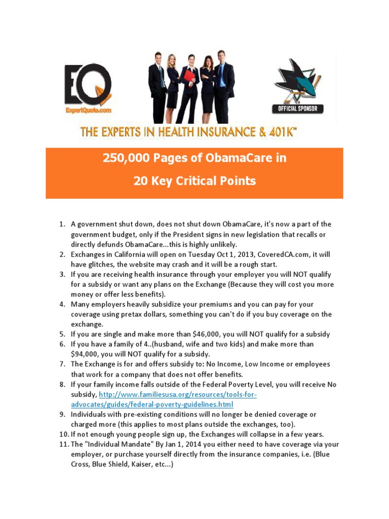 ObamaCare: 20 Key Points Explained | PDF | Health Insurance Mandate ...