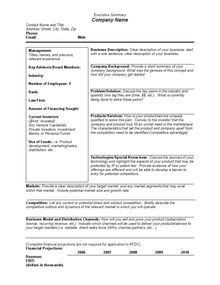 Executive Summary Template | PDF | Investor | Competition