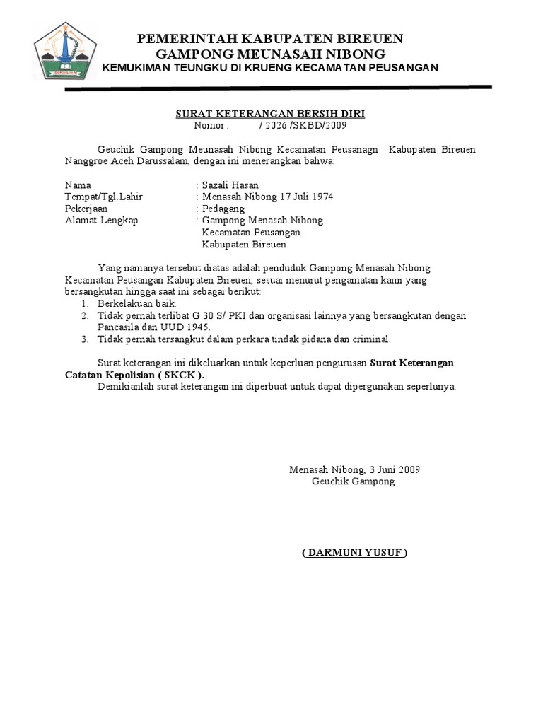Surat Keterangan Bersih Diri