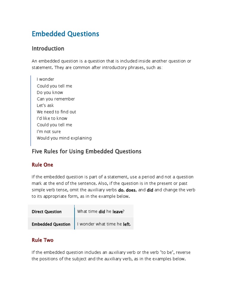 embedded questions question verb