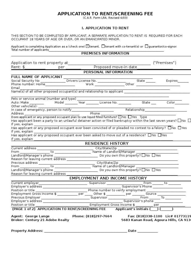 Rental Application and Screening Fee Form | PDF | Landlord | Lease