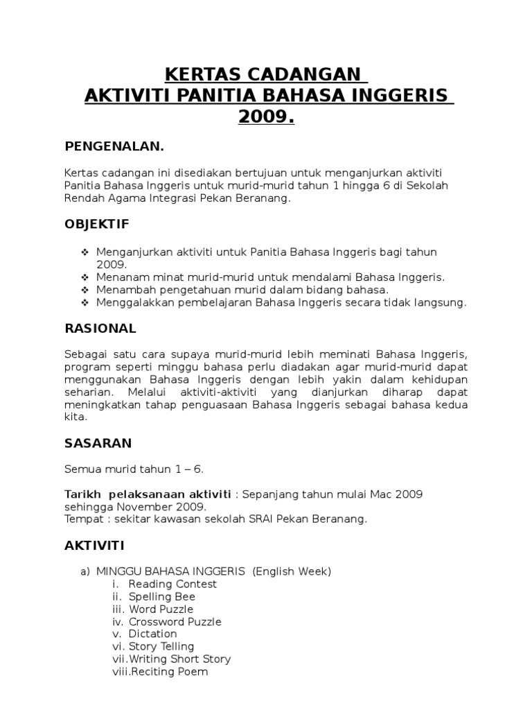 Kertas Cadangan Akt Iviti Panitia Bahasa Inggeris 2009 Pdf