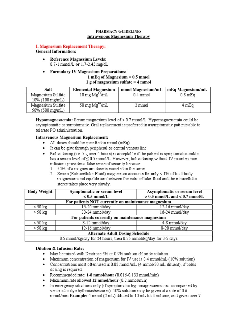 Pharmacy Guidelines Magnesium Intravenous Therapy