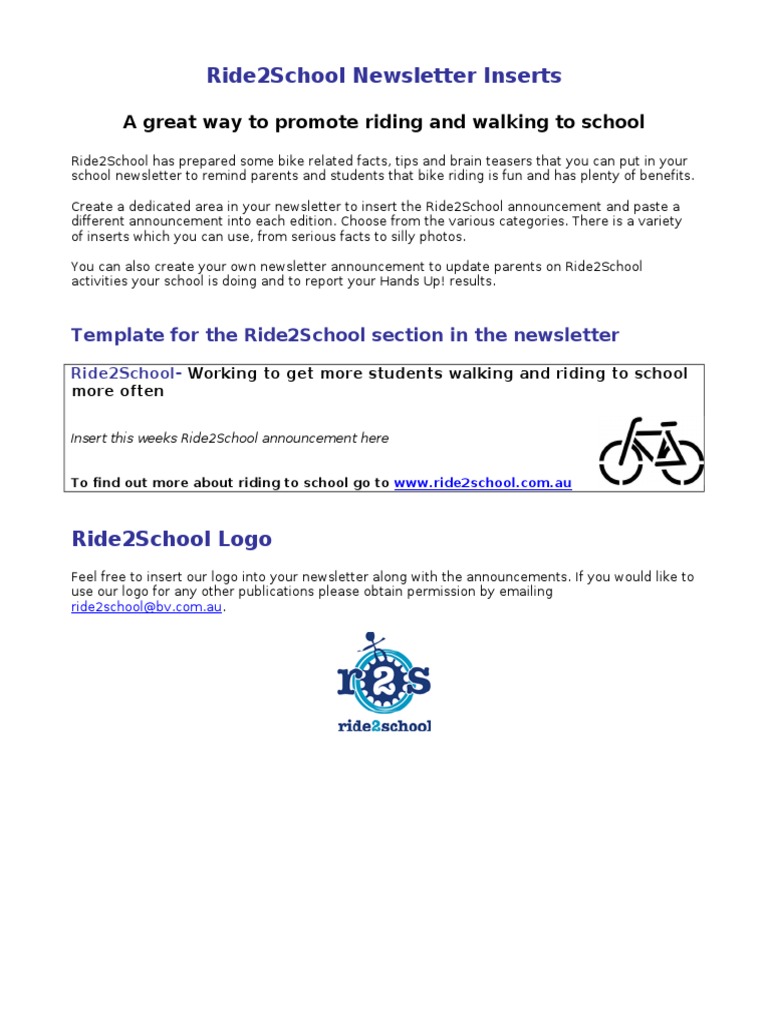 Ride2School Newsletter Inserts Guide | PDF