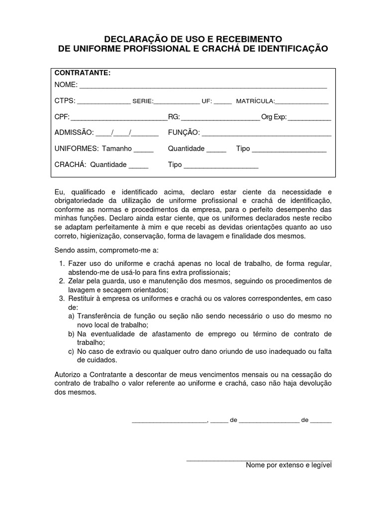 DECLARAÇÃO DE USO E RECEBIMENTO UNIFORME