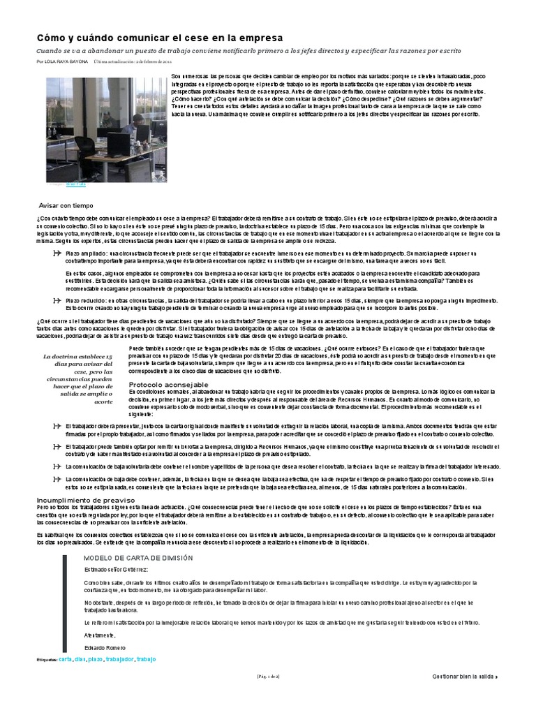 Cómo y Cuándo Comunicar El Cese en La Empresa | PDF | Derecho laboral ...