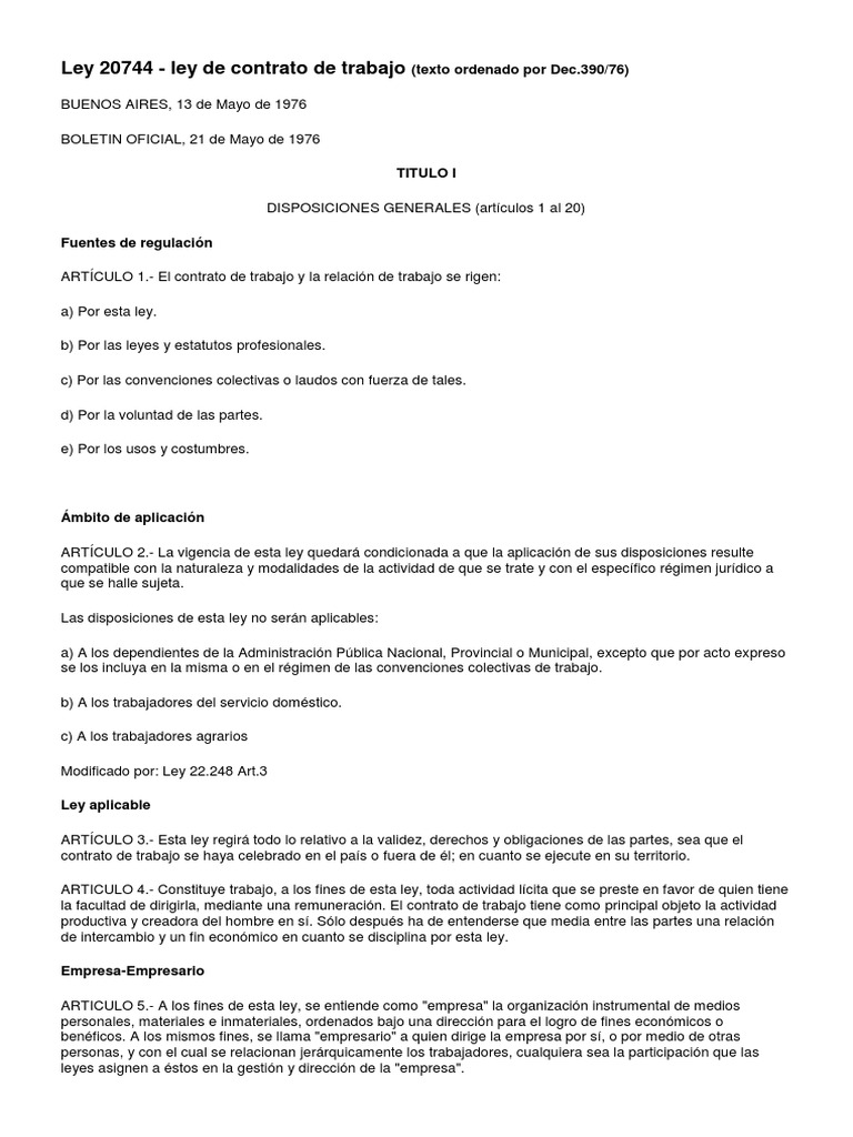 Ley 20744 - LCT | PDF | Derecho laboral | Outsourcing