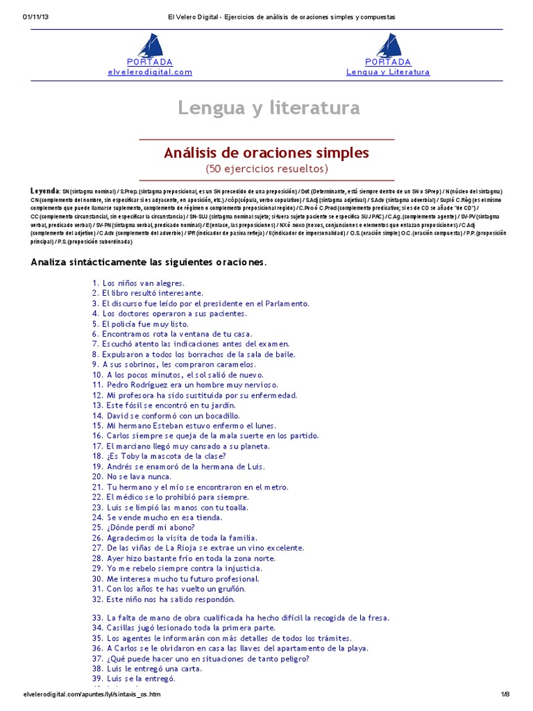 El Velero Digital - Ejercicios de Análisis de Oraciones Simples y ...