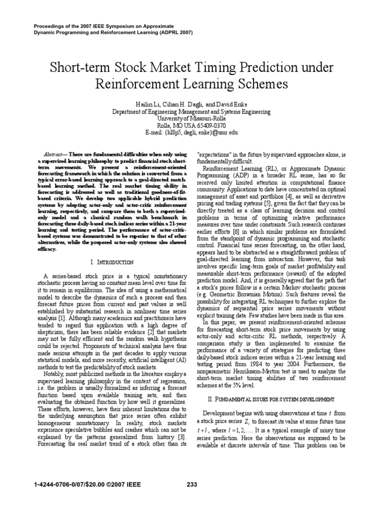 Shortterm Stock Market Timing Prediction Under Reinforcement Learning ...