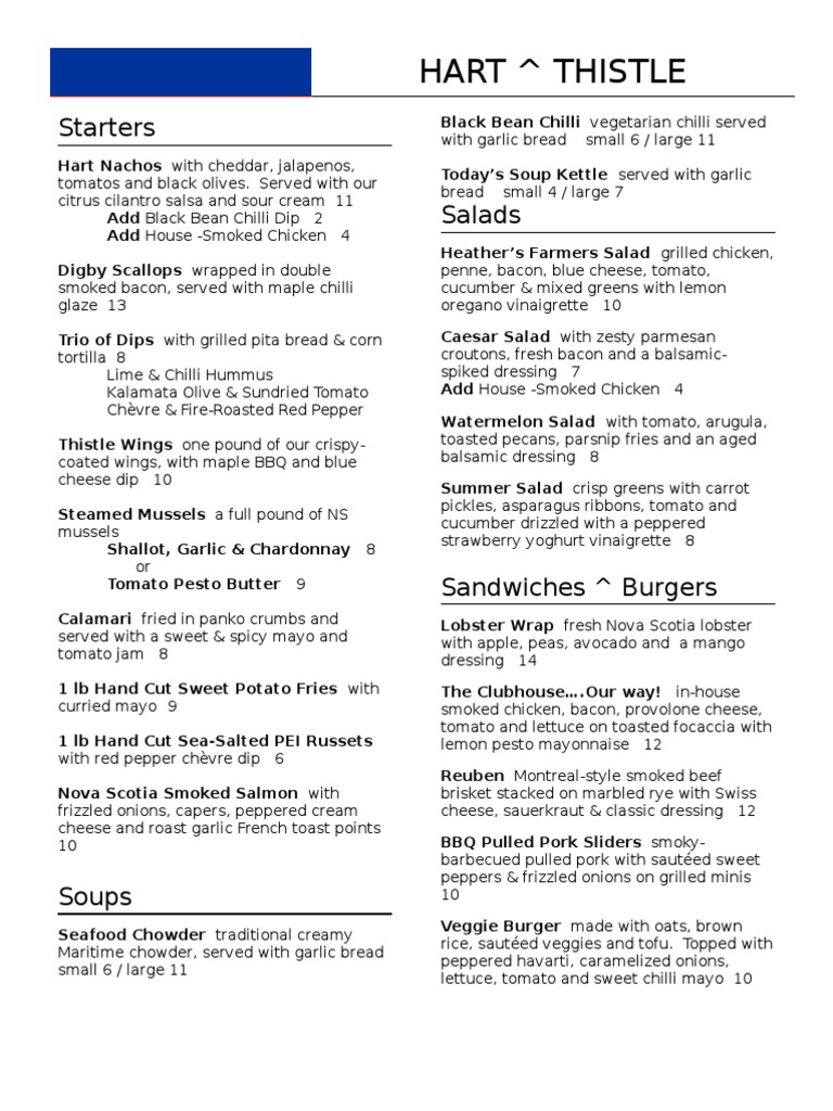 Hart & Thistle Menu Overview | PDF | Salad | Hamburgers