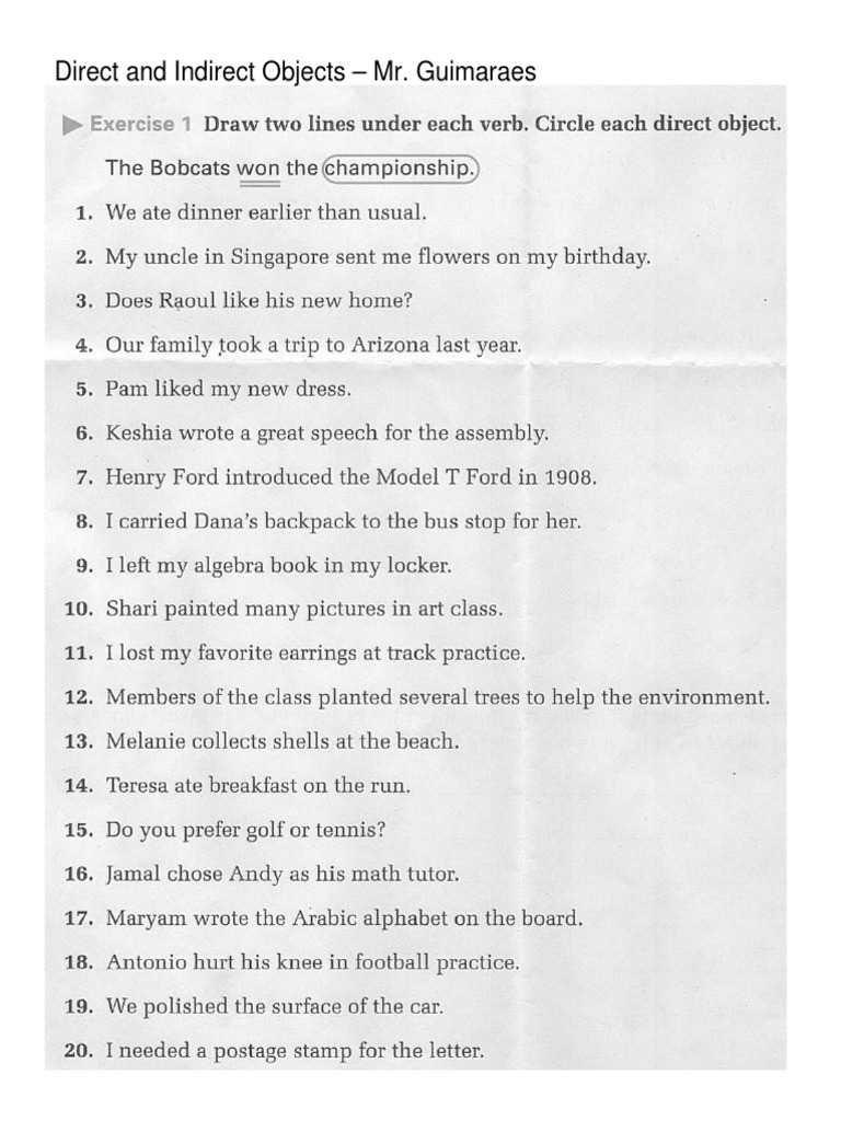 Direct And Indirect Objects Worksheets Pdf