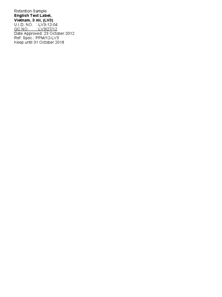 Retention Sample Details for LV3-12-04 | PDF