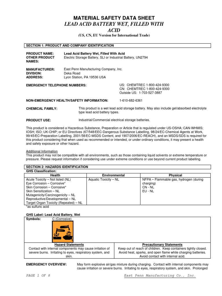 (Sealed) Lead Acid Battery MSDS Infomation Sheet PDF PDF Battery