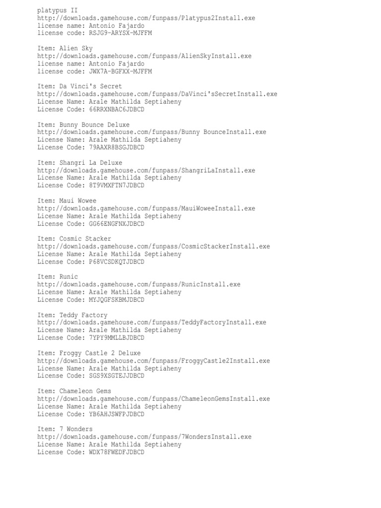 Gamehouse Funpass License Codes | PDF | Leisure | Sports