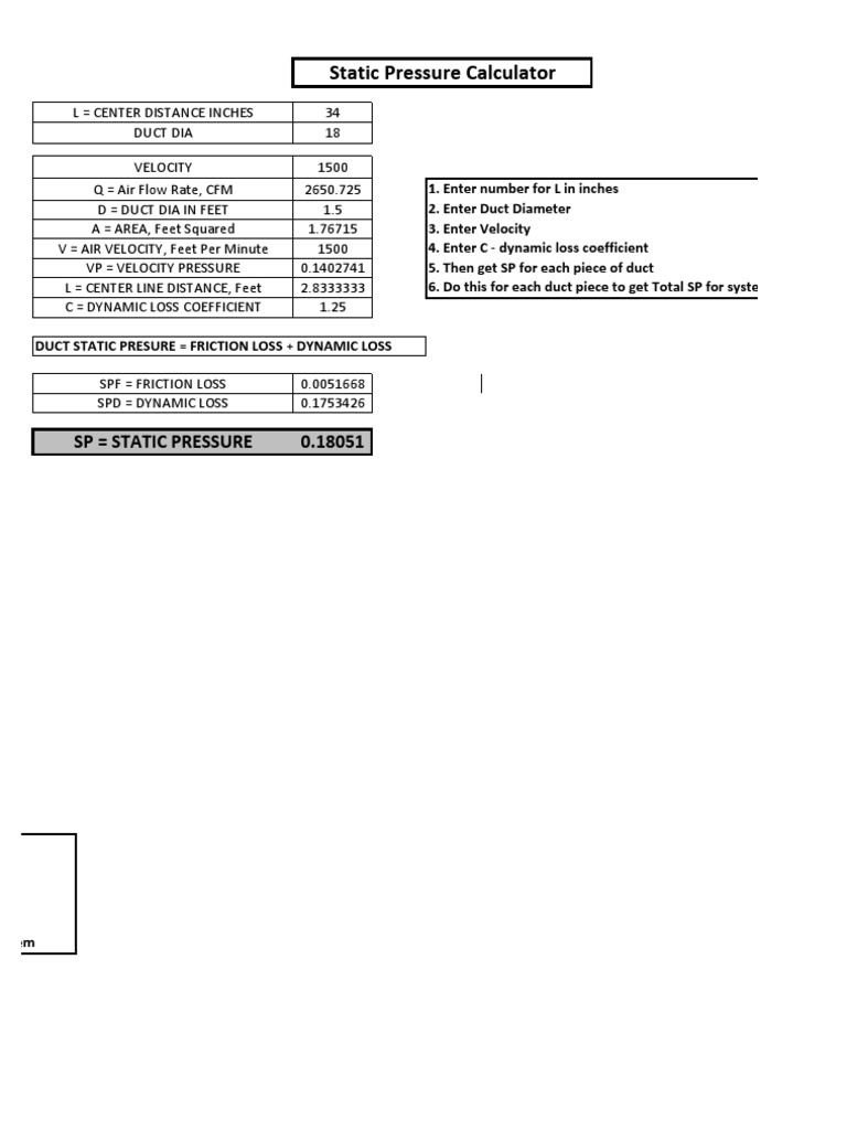 Static Pressure Calculator PDF Duct (Flow) Chemical Engineering