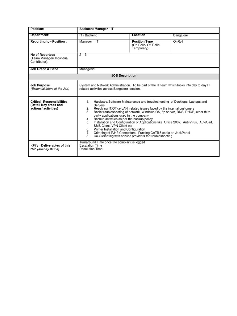 Assistant Manager - IT Responsibilities | PDF