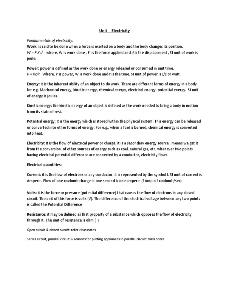 Unit Electricity Docx Power Physics Electricity